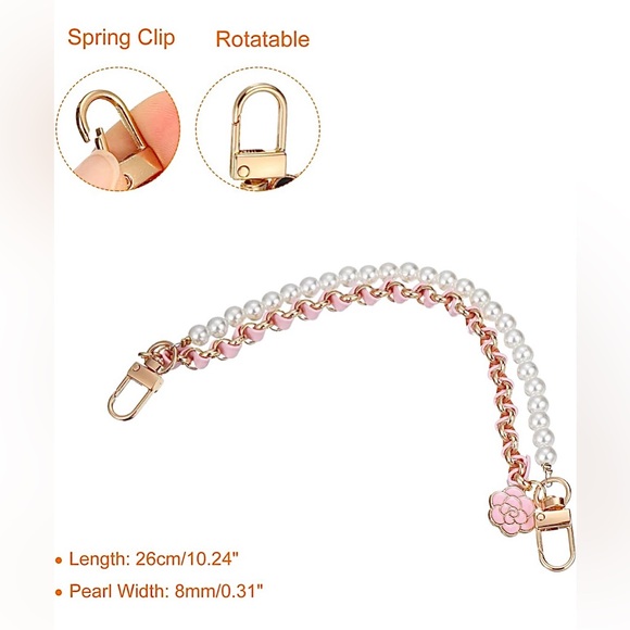 Purse Chain Charm Black Pink Leather Gold Chain Pearls Camellia Flower Unbranded - Picture 6 of 12